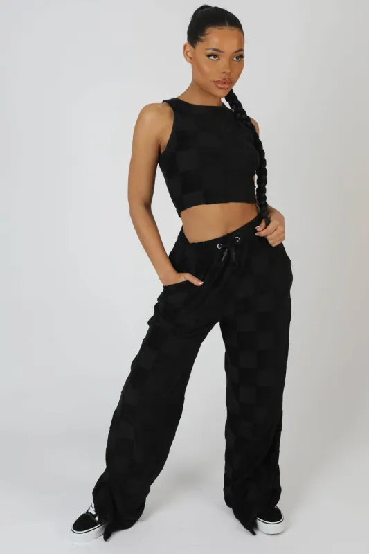 Wide Leg Split Hem Checkerboard Towelling Joggers Black made by Public Desire