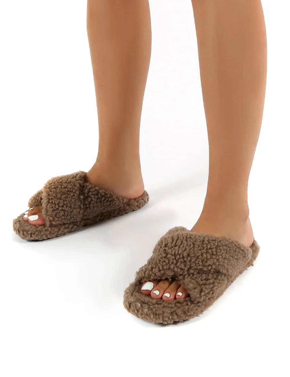 Cozee Tan Fluffy Teddy Cross Over Strap Slippers sold by Public Desire product image thumbnail 3