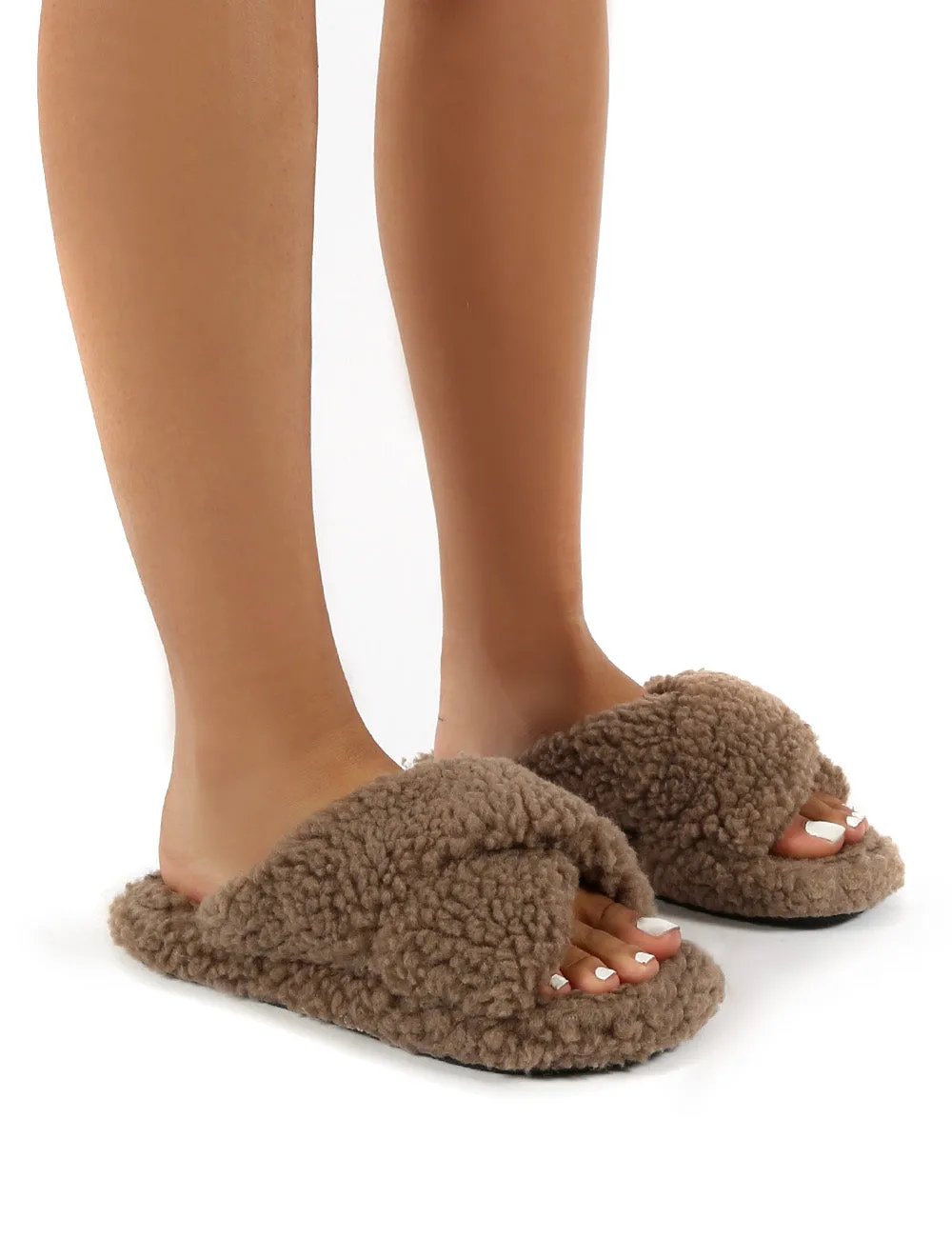 Cozee Tan Fluffy Teddy Cross Over Strap Slippers sold by Public Desire