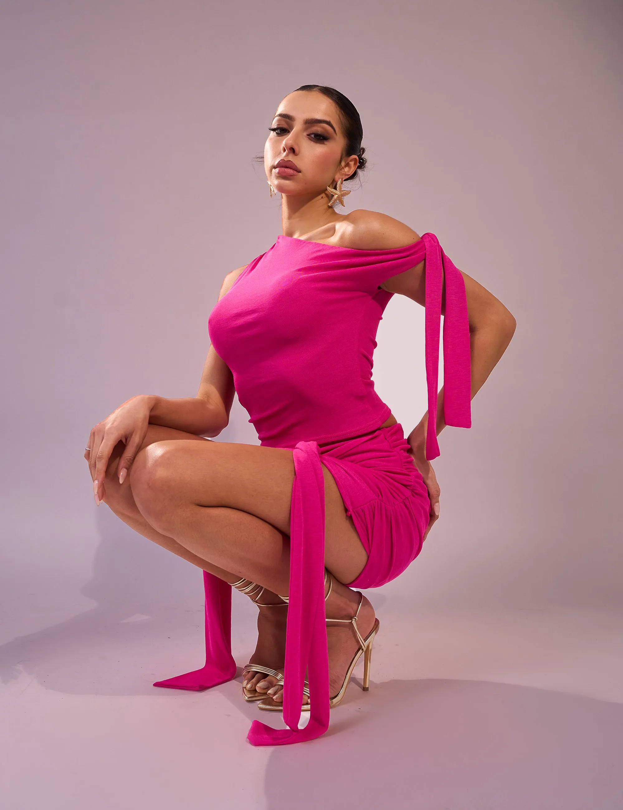 Knot Detail One Shoulder Slinky Tie Crop Top Fuchsia Pink sold by Public Desire product image thumbnail 3
