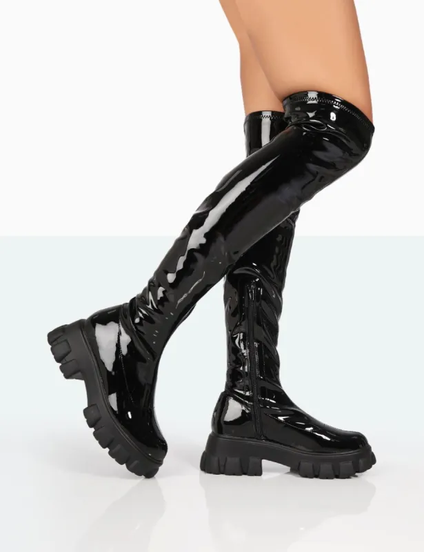 Junya Black Patent Over The Knee Chunky Sole Boots sold by Public Desire