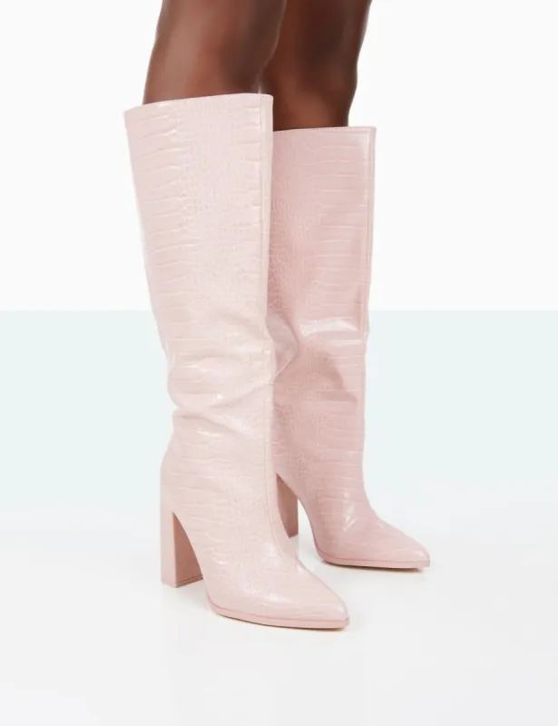 Posie Wide Fit Baby Pink Croc PU Knee High Block Heel Boots sold by Public Desire