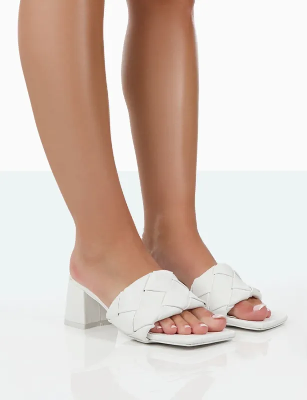 Play Nice White PU Woven Square Toe Block Mid Heeled Sandals sold by Public Desire