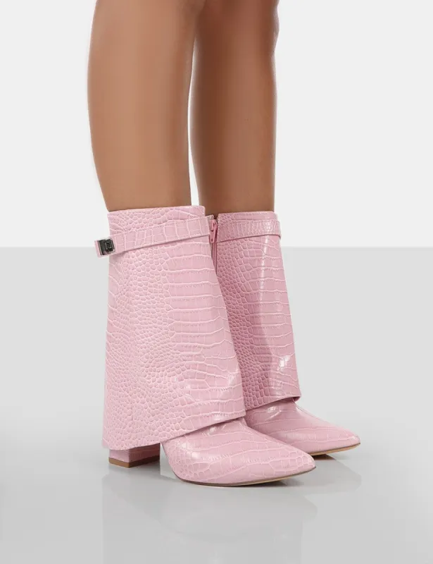 Fyre Baby Pink Croc Pointed Toe Block Heeled Ankle Boots sold by Public Desire