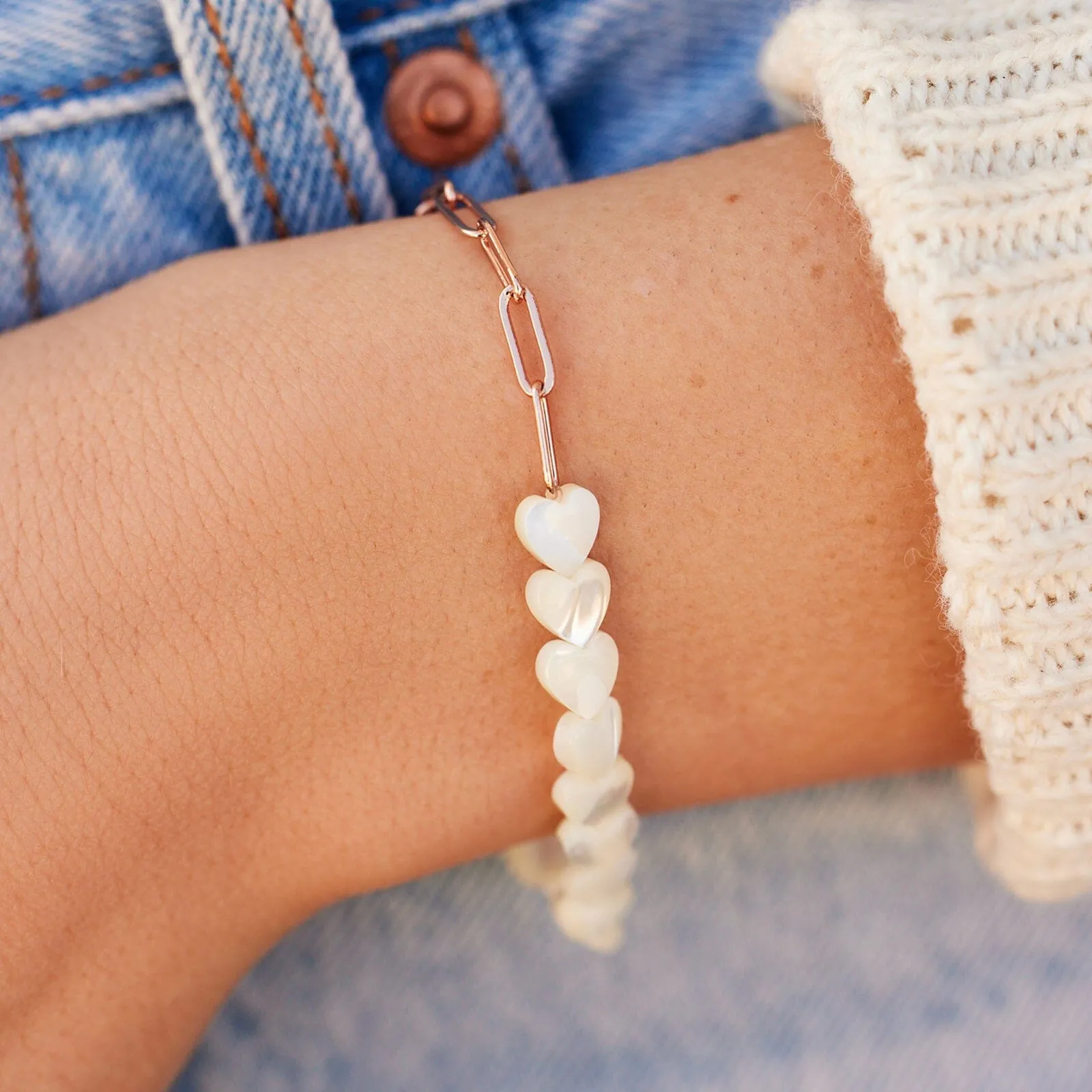 Pearl Heart Paperclip Chain Stretch Bracelet sold by Pura Vida product image thumbnail 2