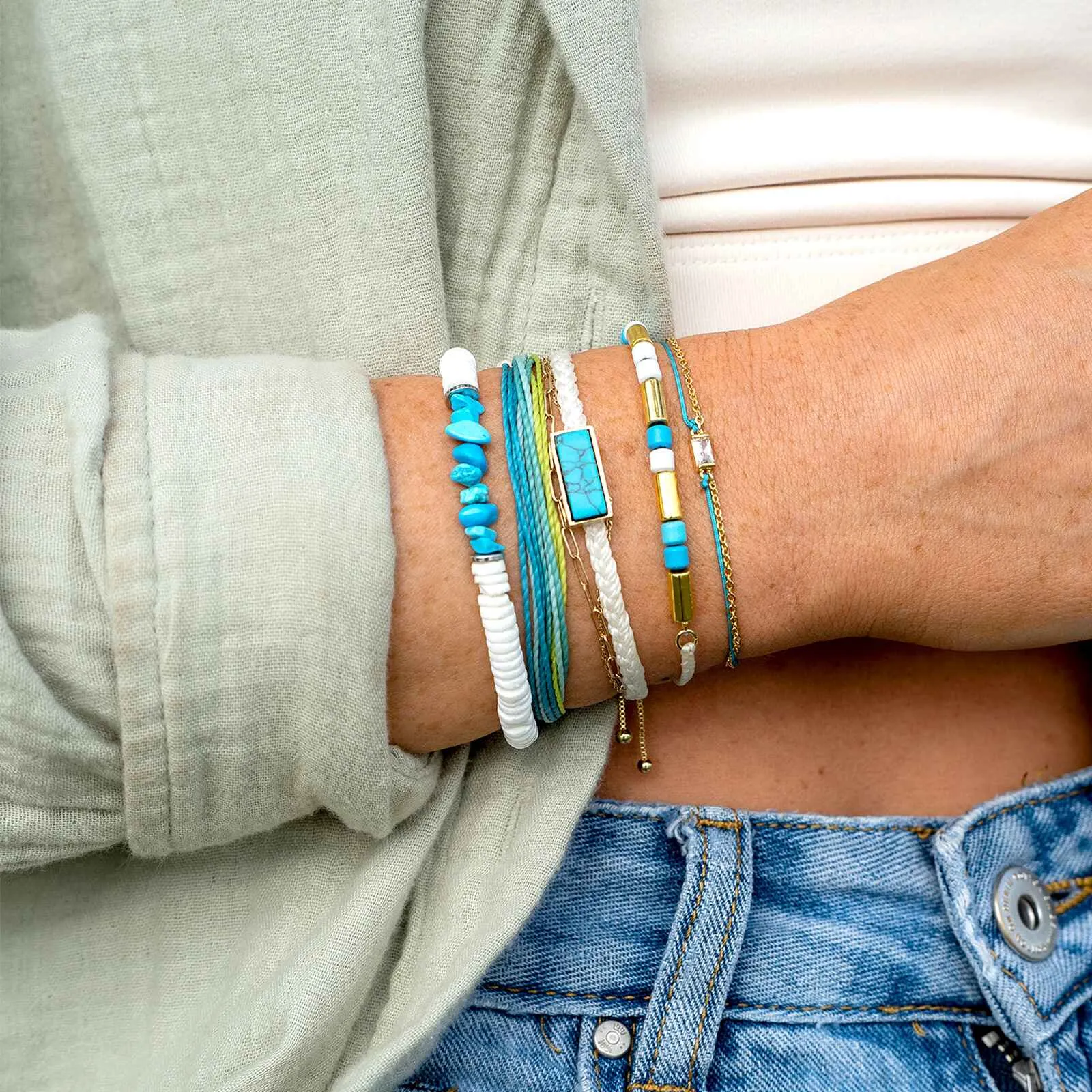 Puka Shell and Turquoise Chip Stretch Bracelet sold by Pura Vida product image thumbnail 3