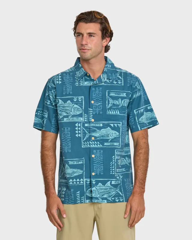 Waterman Block Fish Short Sleeve Shirt - Indigo Stripe sold by Quiksilver