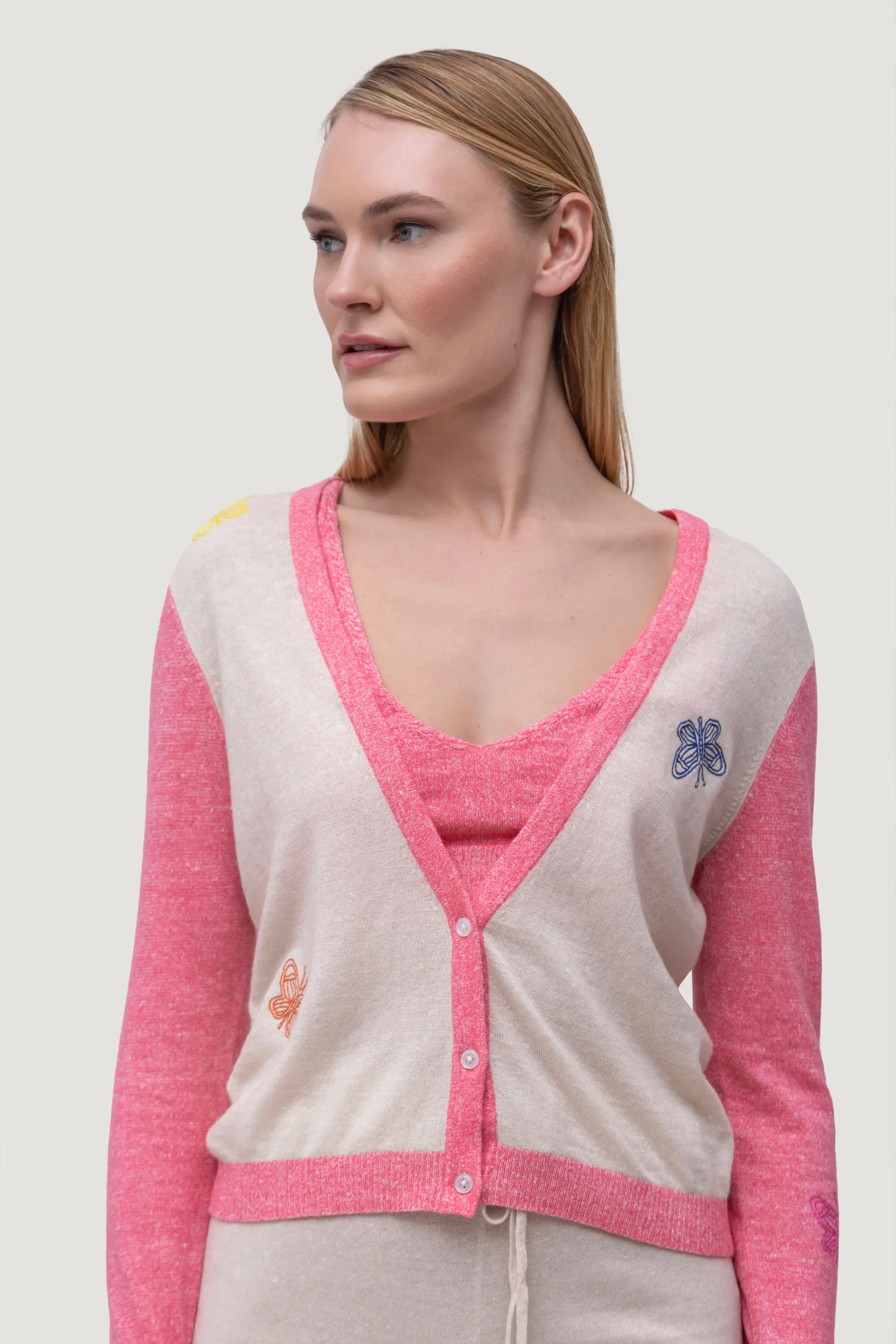 Cashmere & Linen Butterfly Color Block Cardigan sold by Quinn