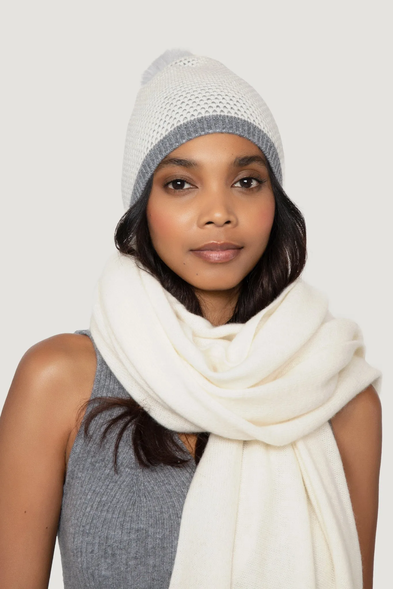 Cashmere Tuck Stitch Pom Pom Beanie sold by Quinn
