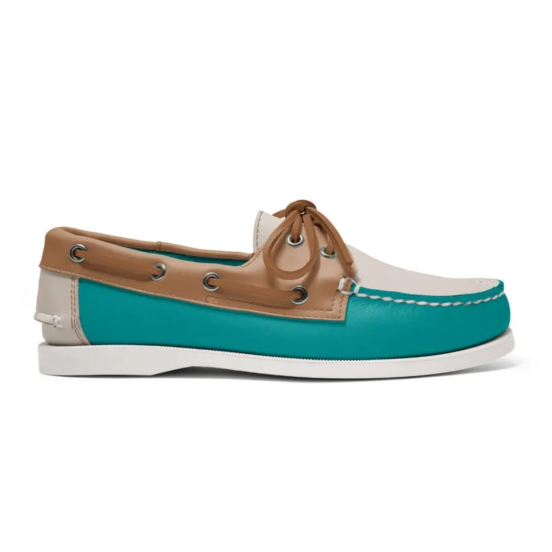 Women's 2 Eyelet LE Boat Shoe: Turquoise/Ivory/Tan made by Quoddy