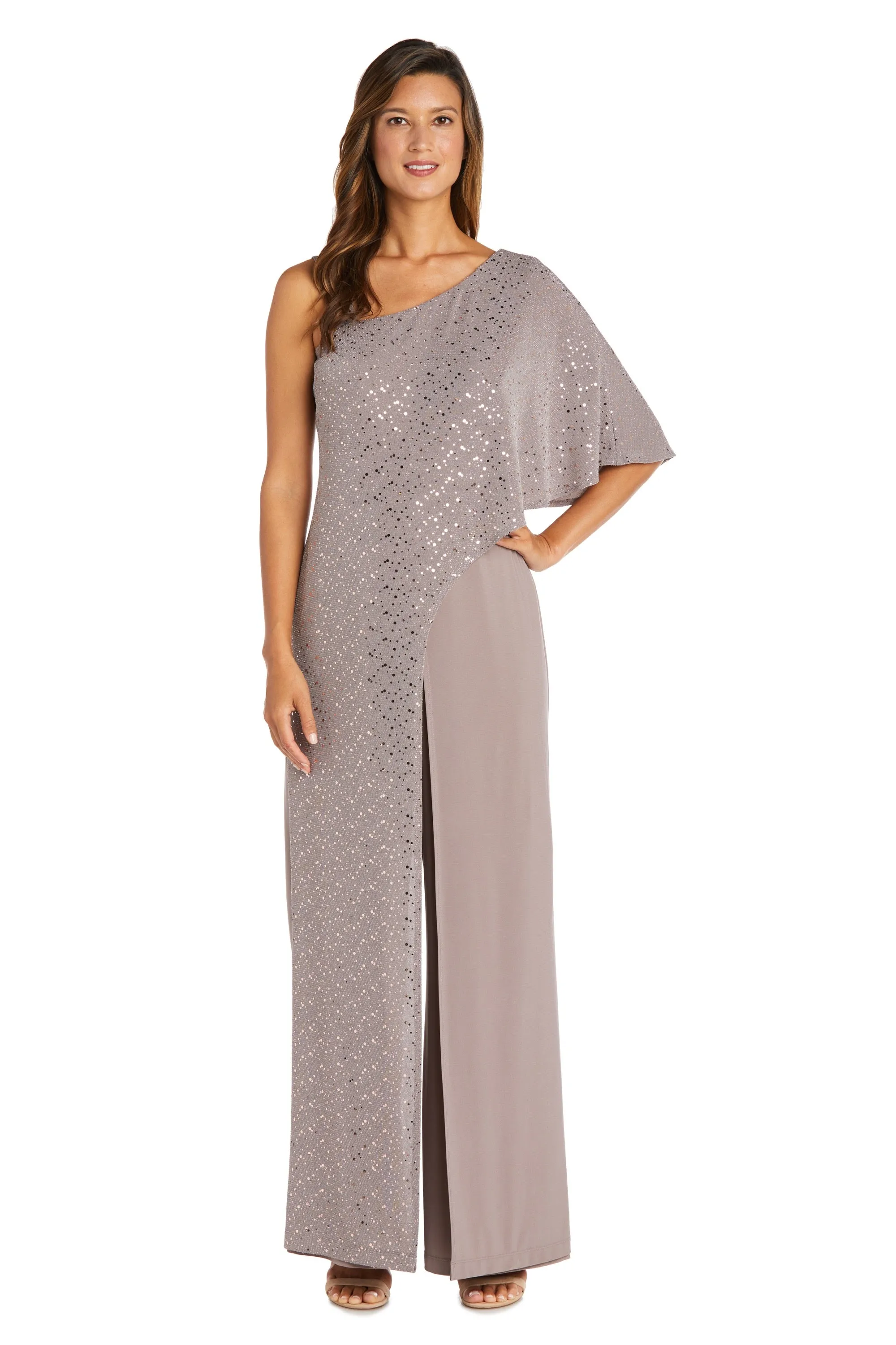 Asymmetric Jumpsuit with Sequined Overlay and Draped Shoulder sold by R&M Richards