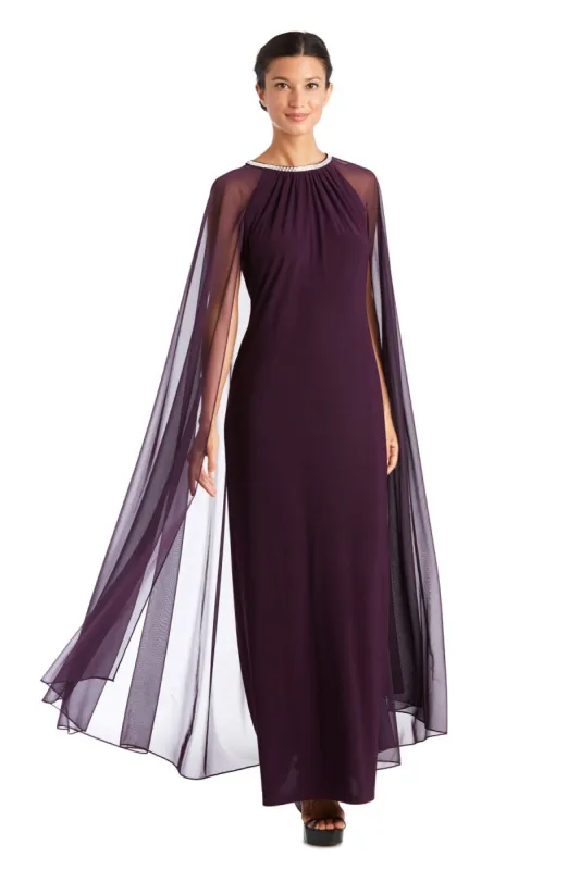 Floor Length Sheath Dress with Rhinestone Neckline and Sweeping Chiffon Cape - Petite sold by R&M Richards