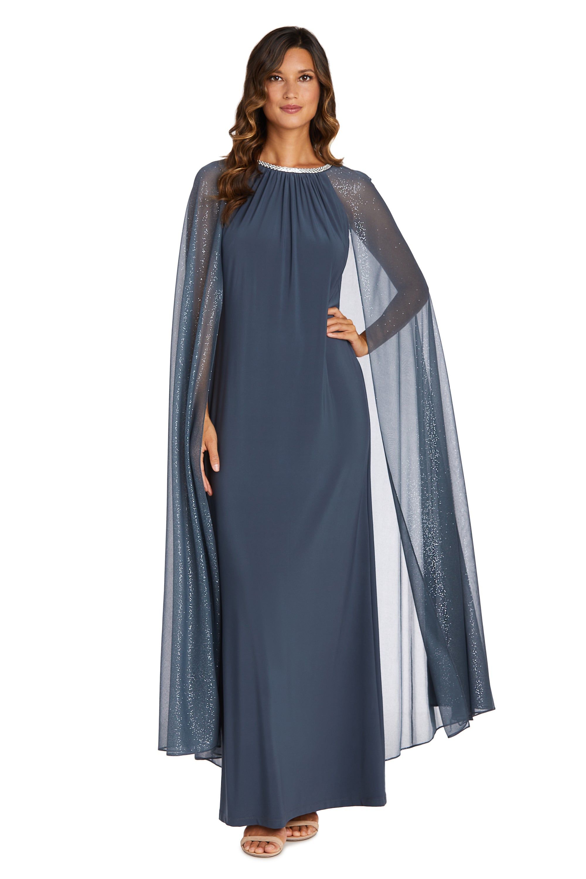 Long Gown with Rhinestone Neckline and Chiffon Cape - Petite sold by R&M Richards