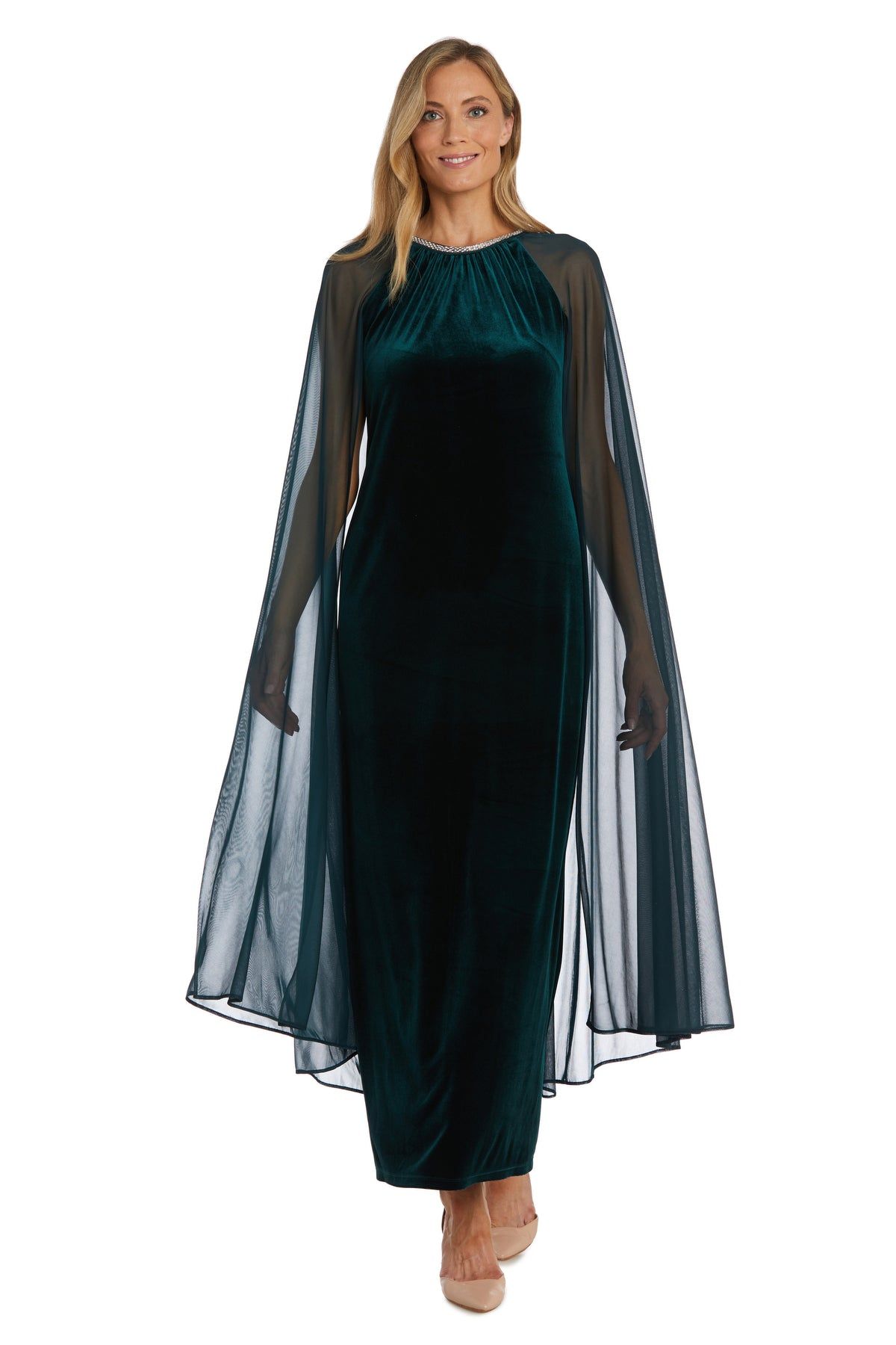 Long Velvet Dress With Rhinestone Neck and Chiffon Cape sold by R&M Richards