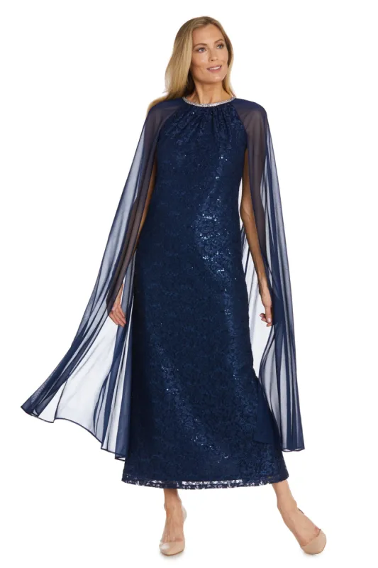 Long Sequin Lace Dress with Chiffon Cape and Rhinestone Neckline sold by R&M Richards