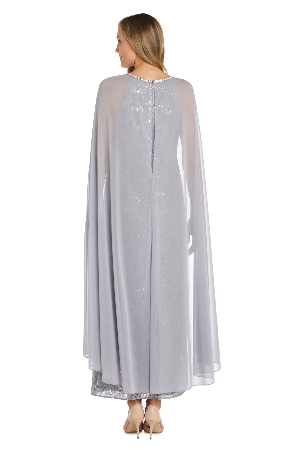 Long Sequin Lace Dress with Chiffon Cape and Rhinestone Neckline sold by R&M Richards product image thumbnail 5