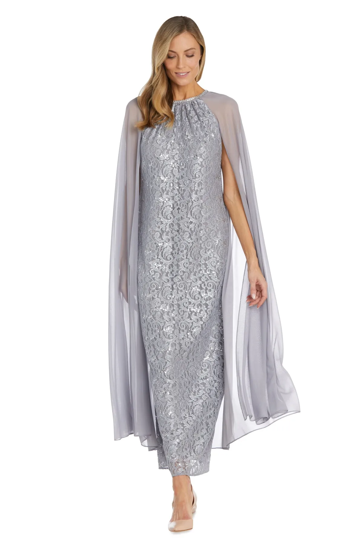 Long Sequin Lace Dress with Chiffon Cape and Rhinestone Neckline sold by R&M Richards product image thumbnail 4
