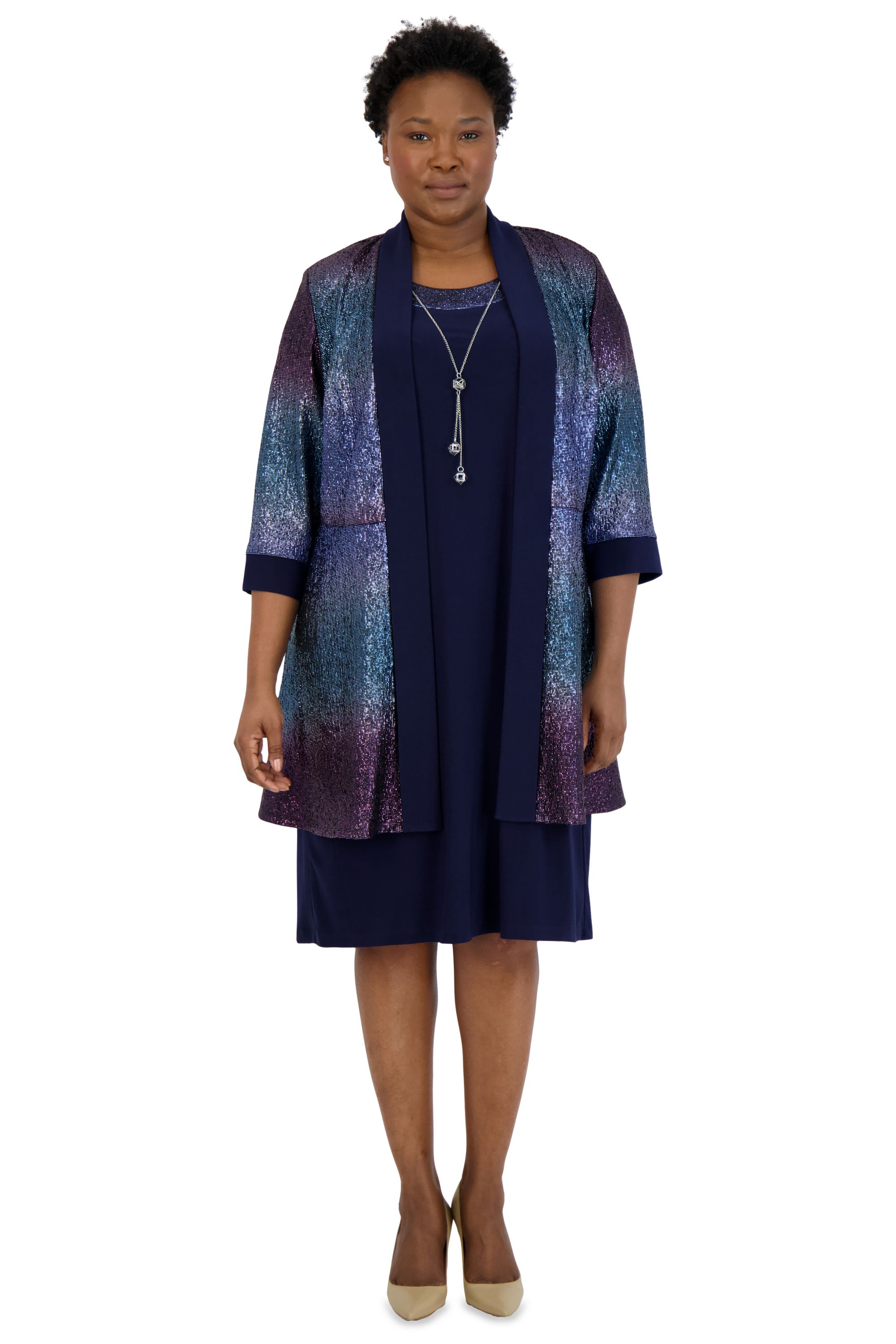 Two-Piece Ombre Metallic Foil Jacket Dress - Plus sold by R&M Richards