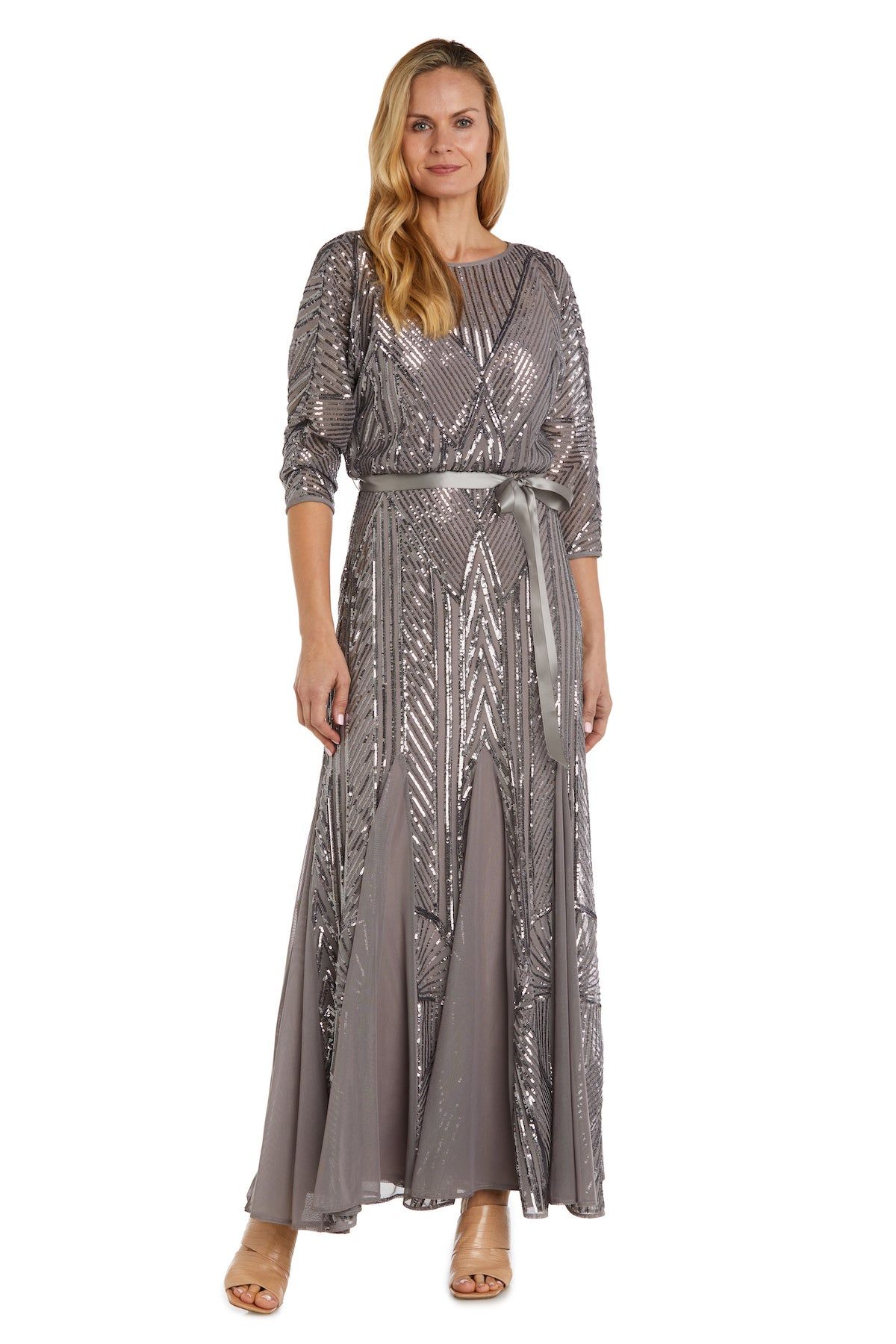 Long Dolman Sleeve Blouson Sequin Dress with Godet Skirt sold by R&M Richards