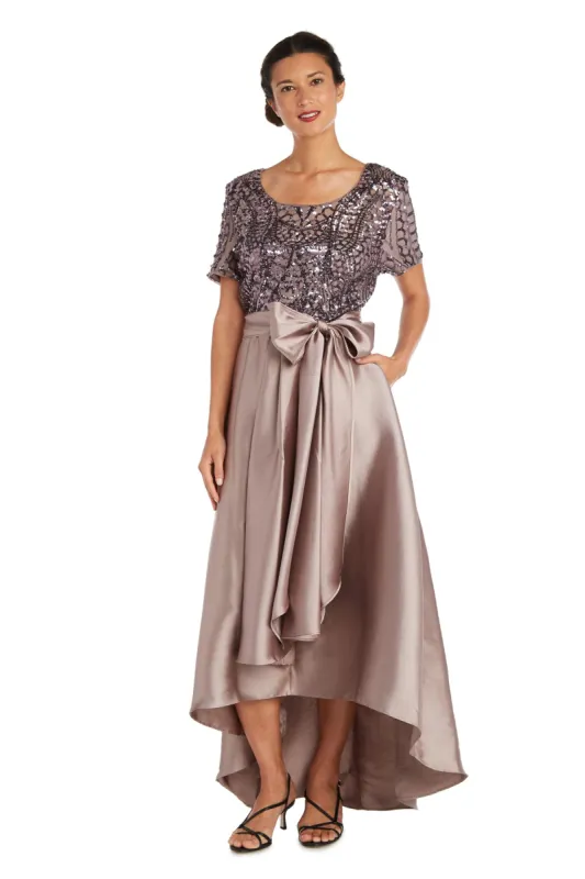 High-Low Satin Skirt, Bow at Waist, and Sequin Top Dress - Petite sold by R&M Richards