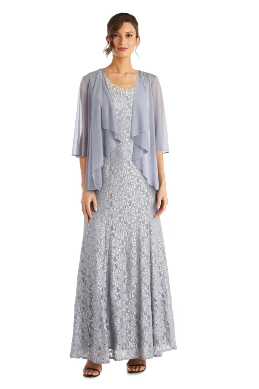 Evening Lace Gown With Pearl Embellished Neckline and Flyaway Jacket - Petite sold by R&M Richards