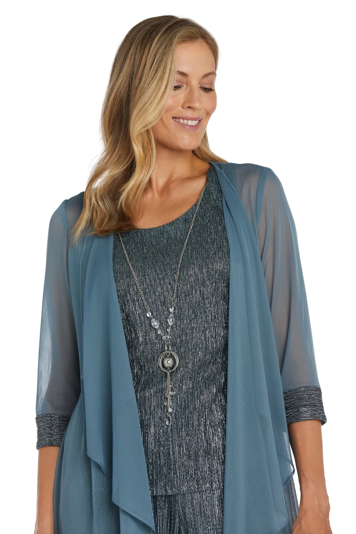 Three Piece Crinkle Pantsuit with A Mesh Chiffon Jacket and Necklace - Petite sold by R&M Richards product image thumbnail 2