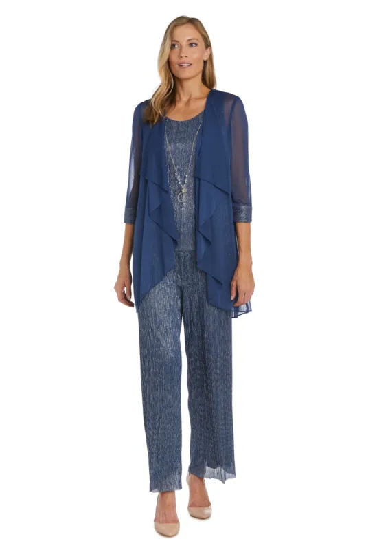 Three Piece Crinkle Pantsuit with A Mesh Chiffon Jacket and Necklace - Petite sold by R&M Richards