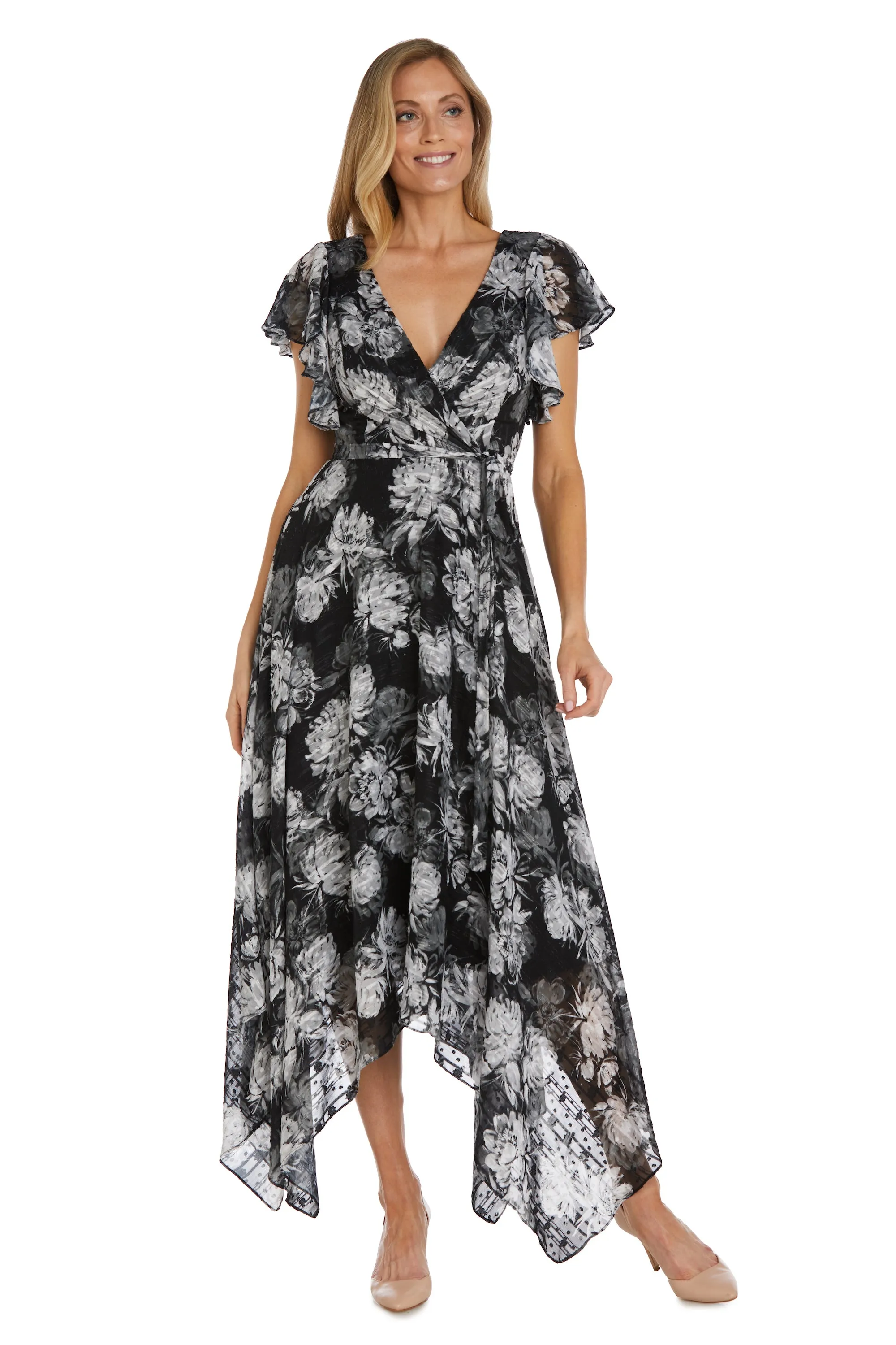 Floral Print High-Low Dress With Flutter Sleeves sold by R&M Richards