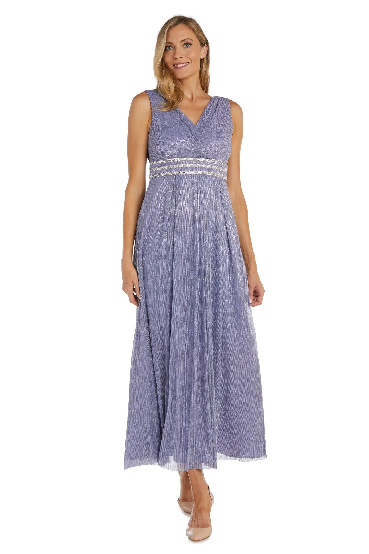 Long Crinkle Pleated Sleeveless Dress with Rhinestone Trio Waistband - Petite sold by R&M Richards