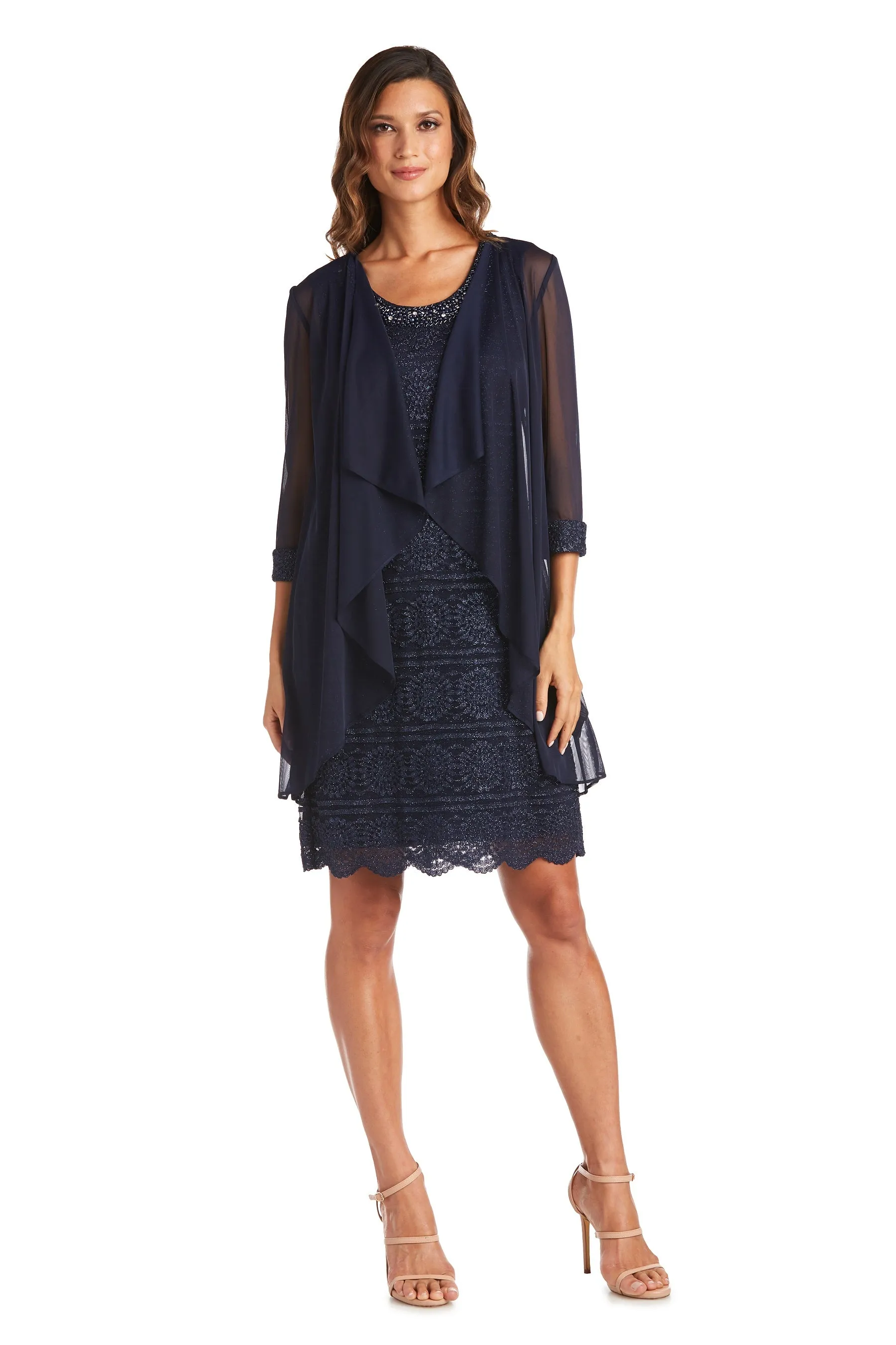 Glitter Patterned Jacket Dress with Beautiful Pearl Embellished Neckline - Petite sold by R&M Richards