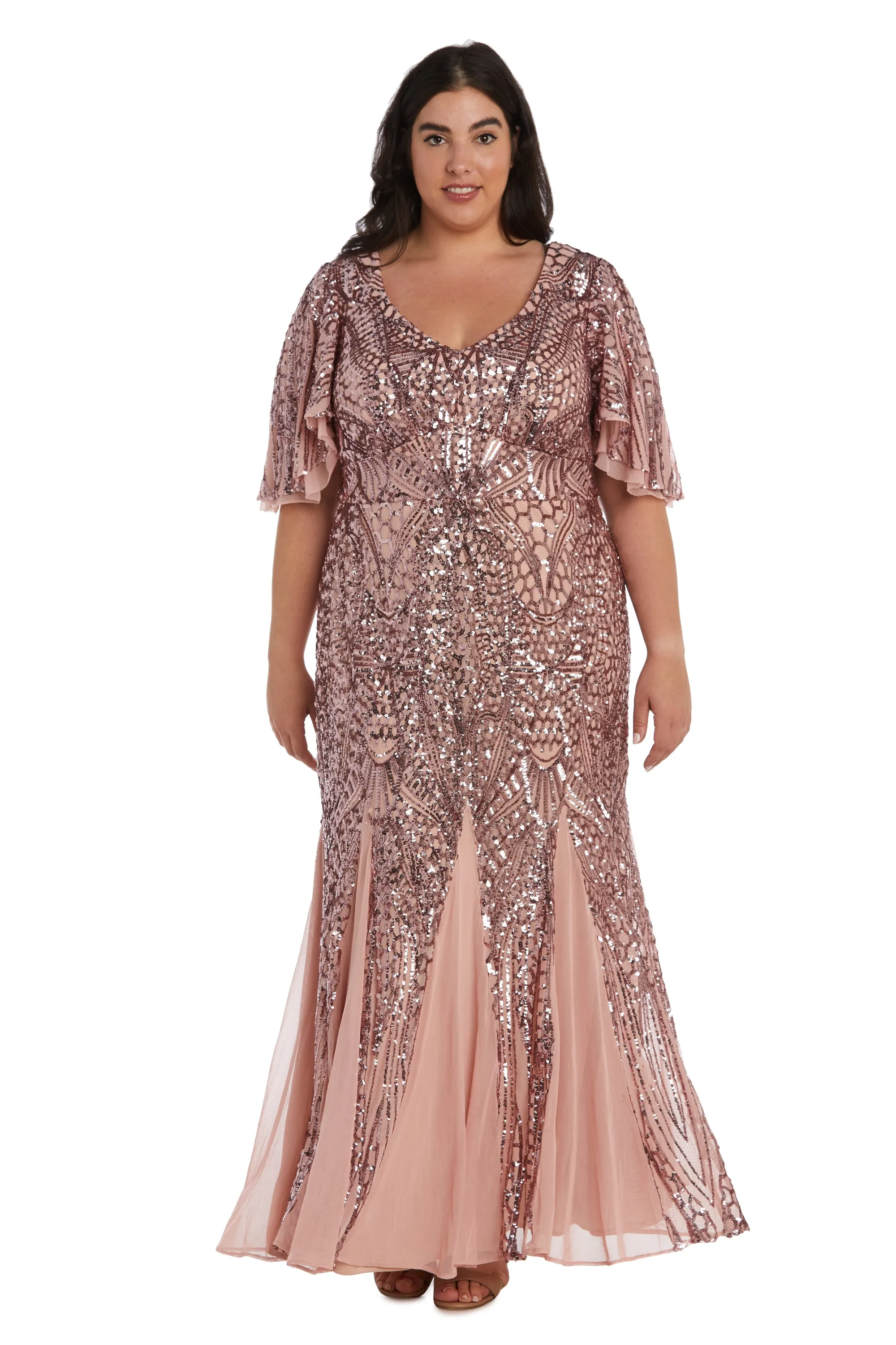 Long Sequin Gown with Flutter Sleeves and Godet Insets - Plus sold by R&M Richards