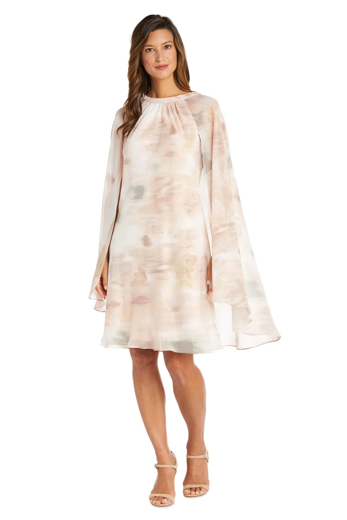 Print Lurex Chiffon Cape Dress with Rhinestone Neck Detail - Petite sold by R&M Richards
