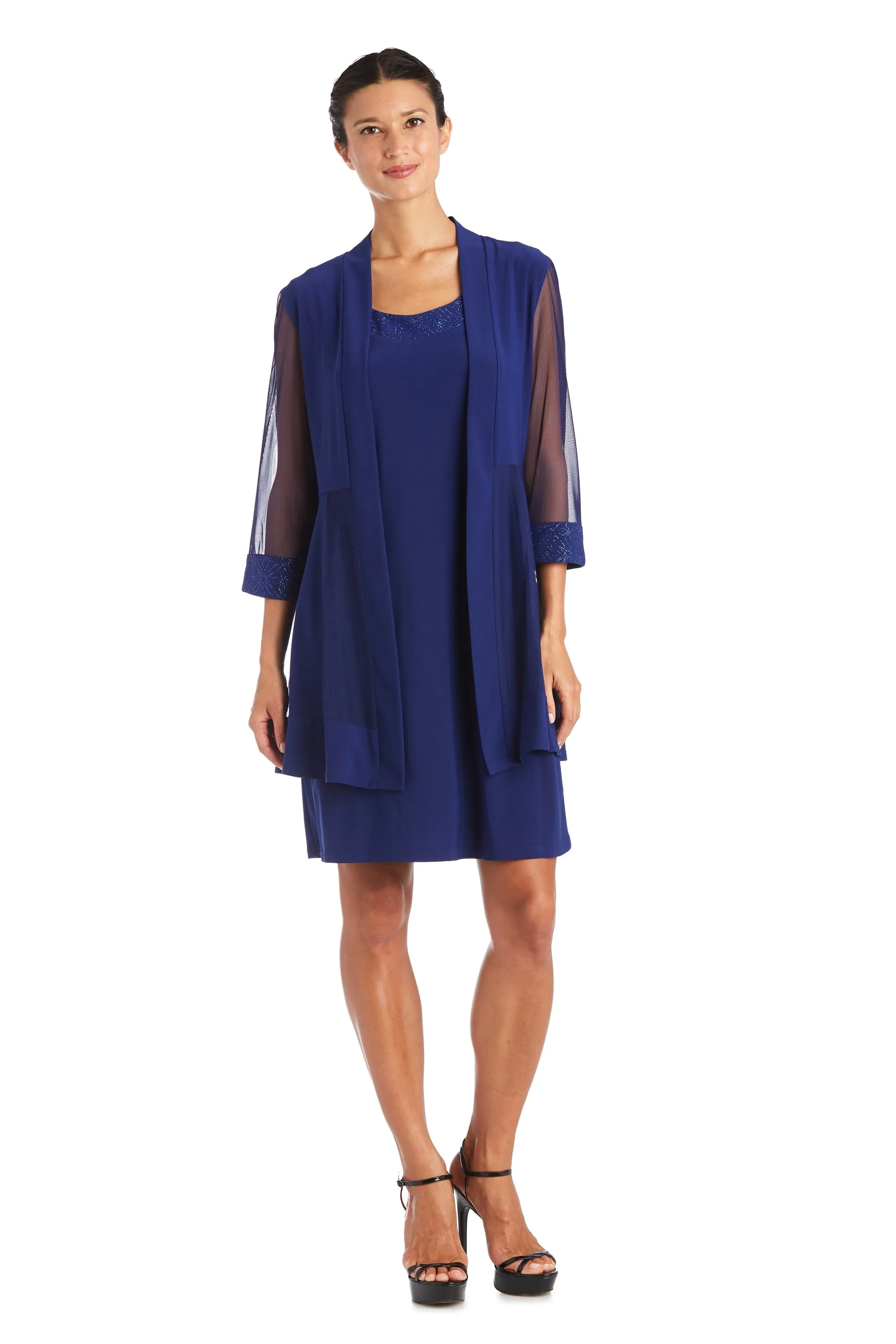 Shift Dress with Sparkling Neckline and Soft Jacket with Sheer Sleeves - Petite sold by R&M Richards