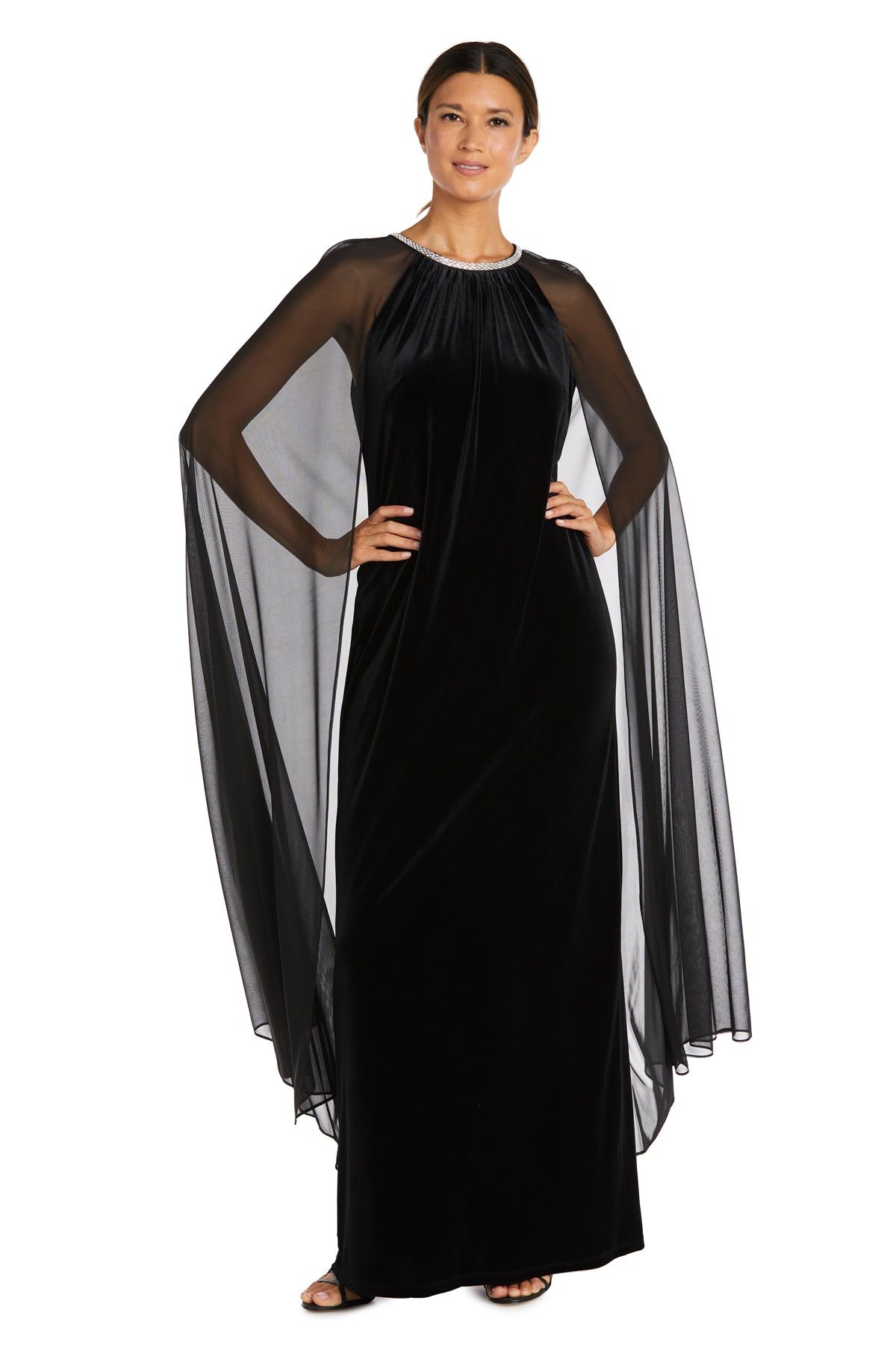 Long Velvet Dress With Rhinestone Neck and Chiffon Cape - Petite sold by R&M Richards