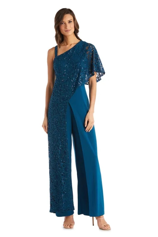 Asymmetric Evening Jumpsuit with Lace and Sequins sold by R&M Richards