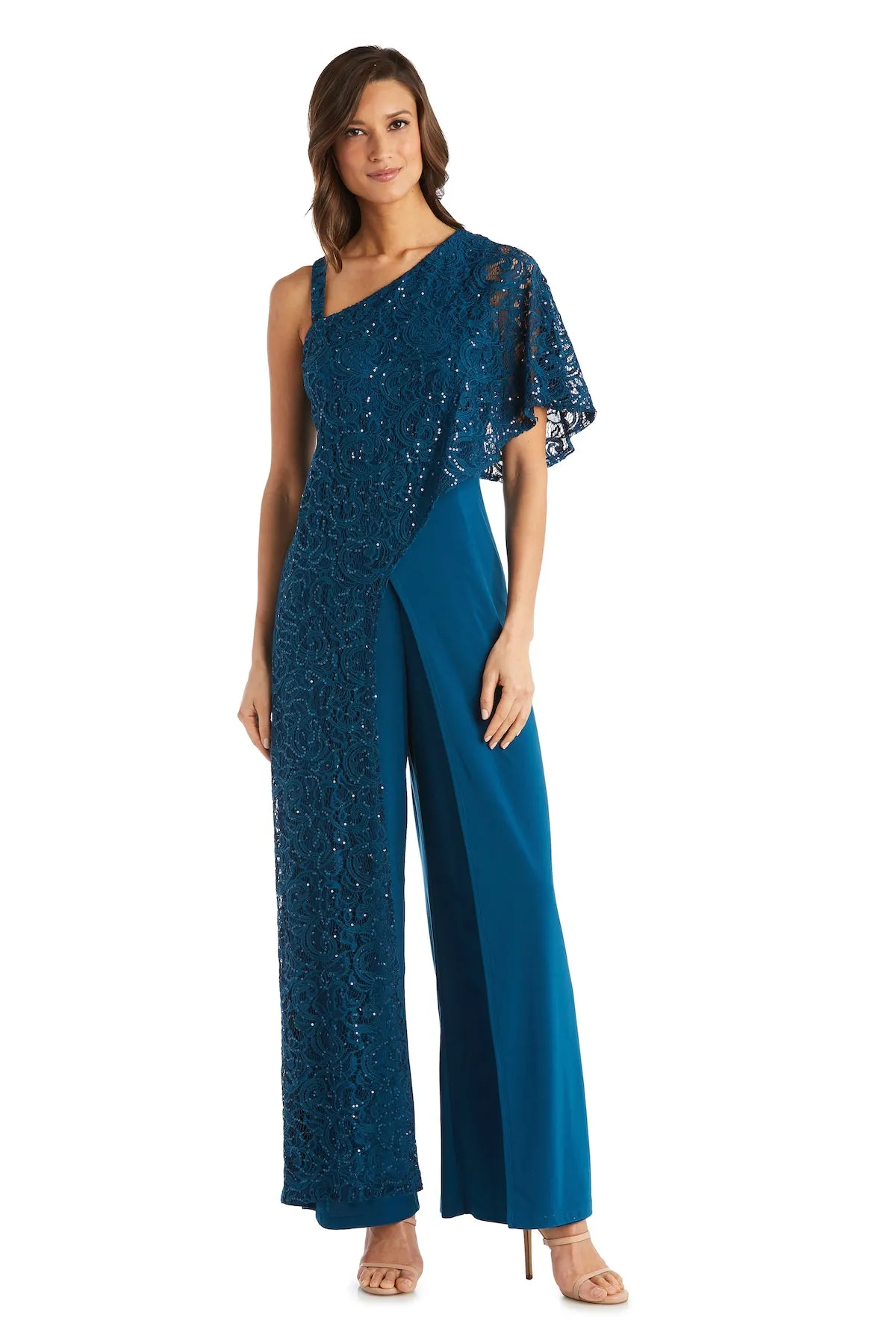 Asymmetric Evening Jumpsuit with Lace and Sequins sold by R&M Richards