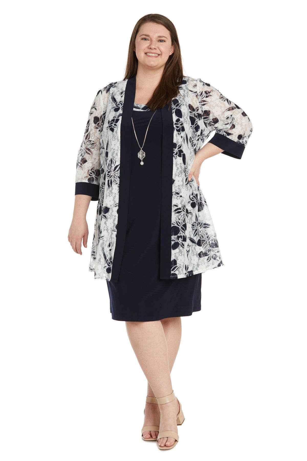 Laced Jacket Dress With Feather Contrast Print - Plus sold by R&M Richards