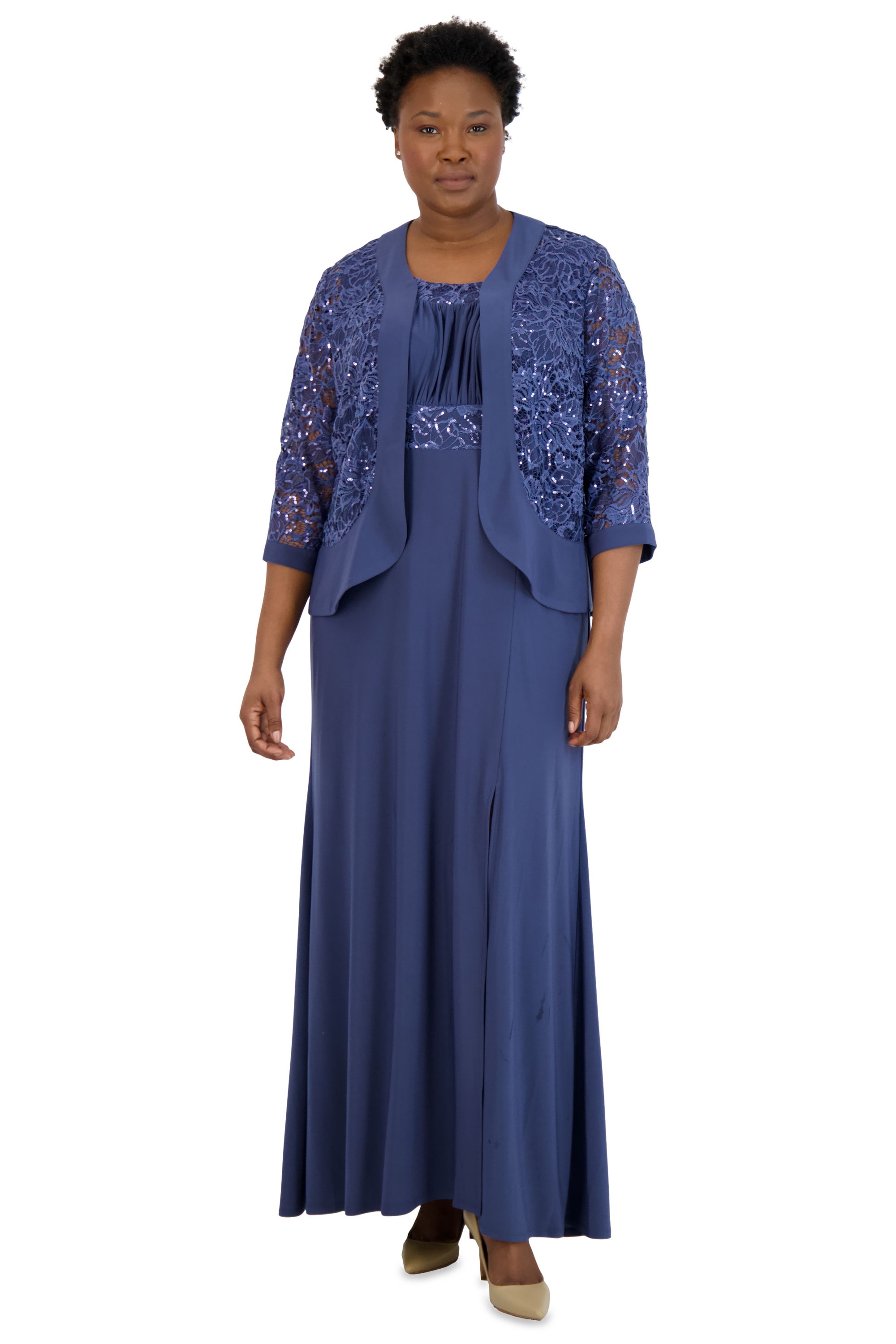 Two Piece Ruffle Front Lace Jacket Dress - Plus sold by R&M Richards