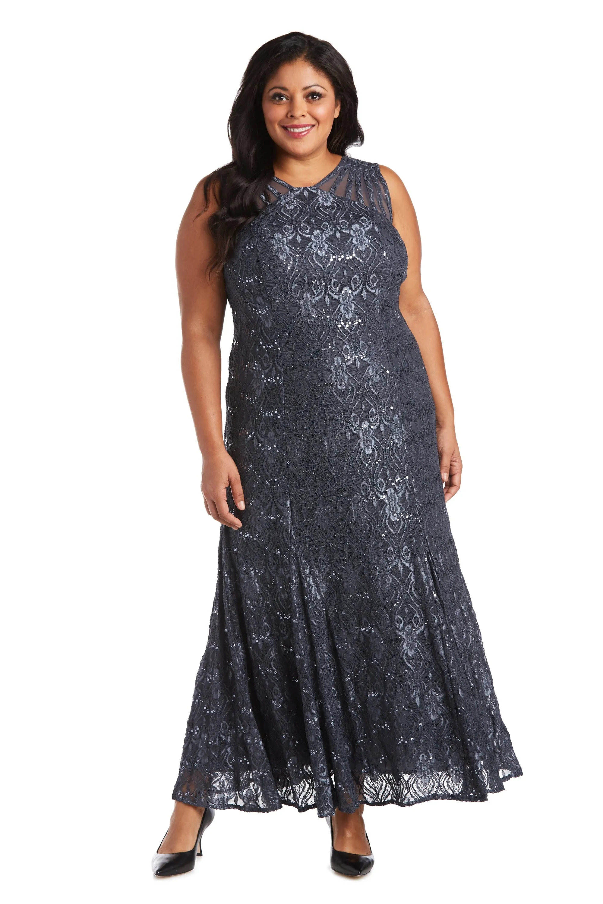 Sequined Lace Gown with Sheer Inserts - Plus sold by R&M Richards