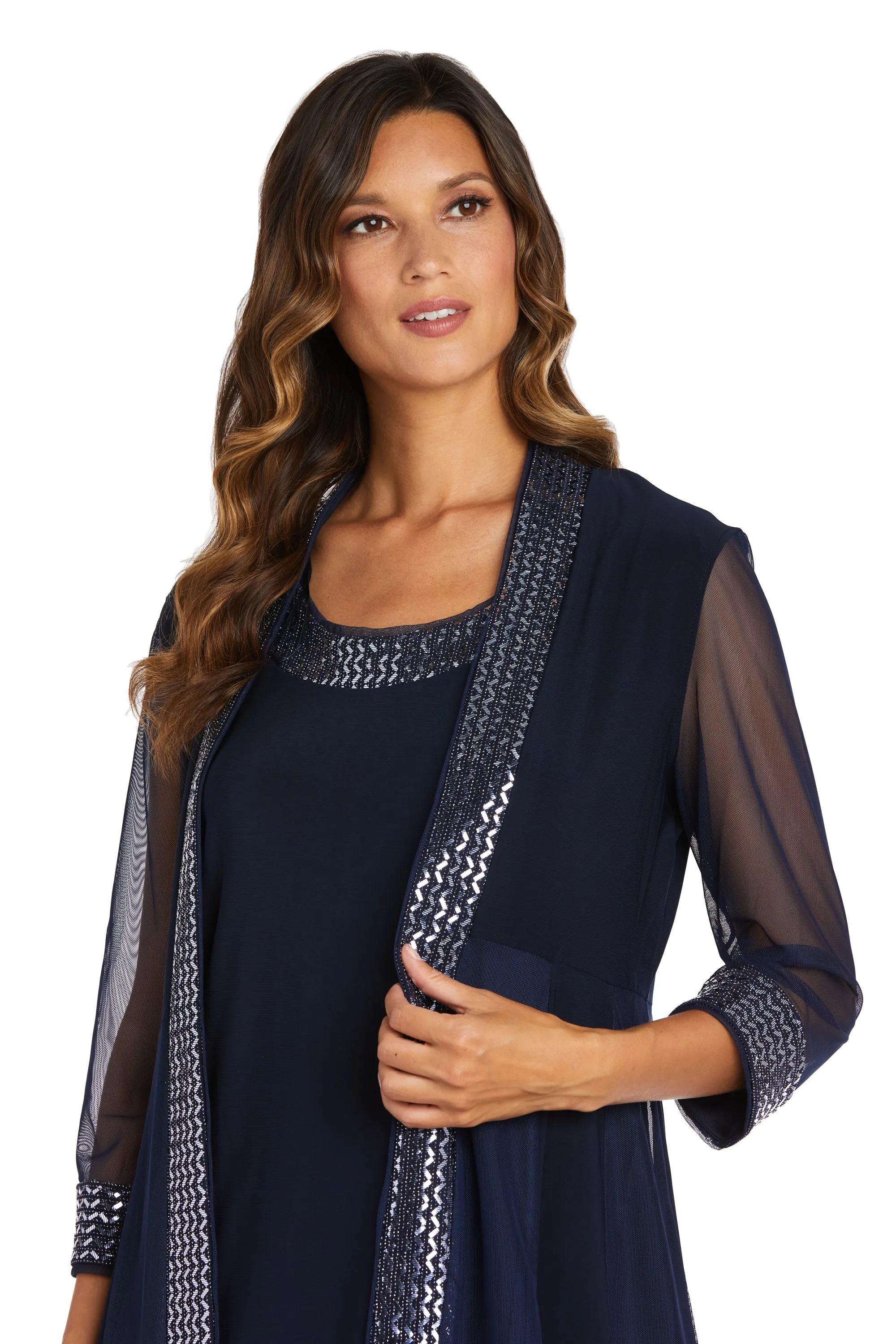 Two Piece Dress with Metallic Pattern Neckline and Jacket with Sheer Sleeves sold by R&M Richards product image thumbnail 5