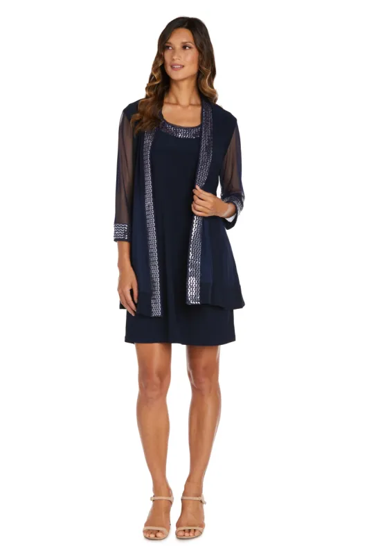 Two Piece Dress with Metallic Pattern Neckline and Jacket with Sheer Sleeves sold by R&M Richards
