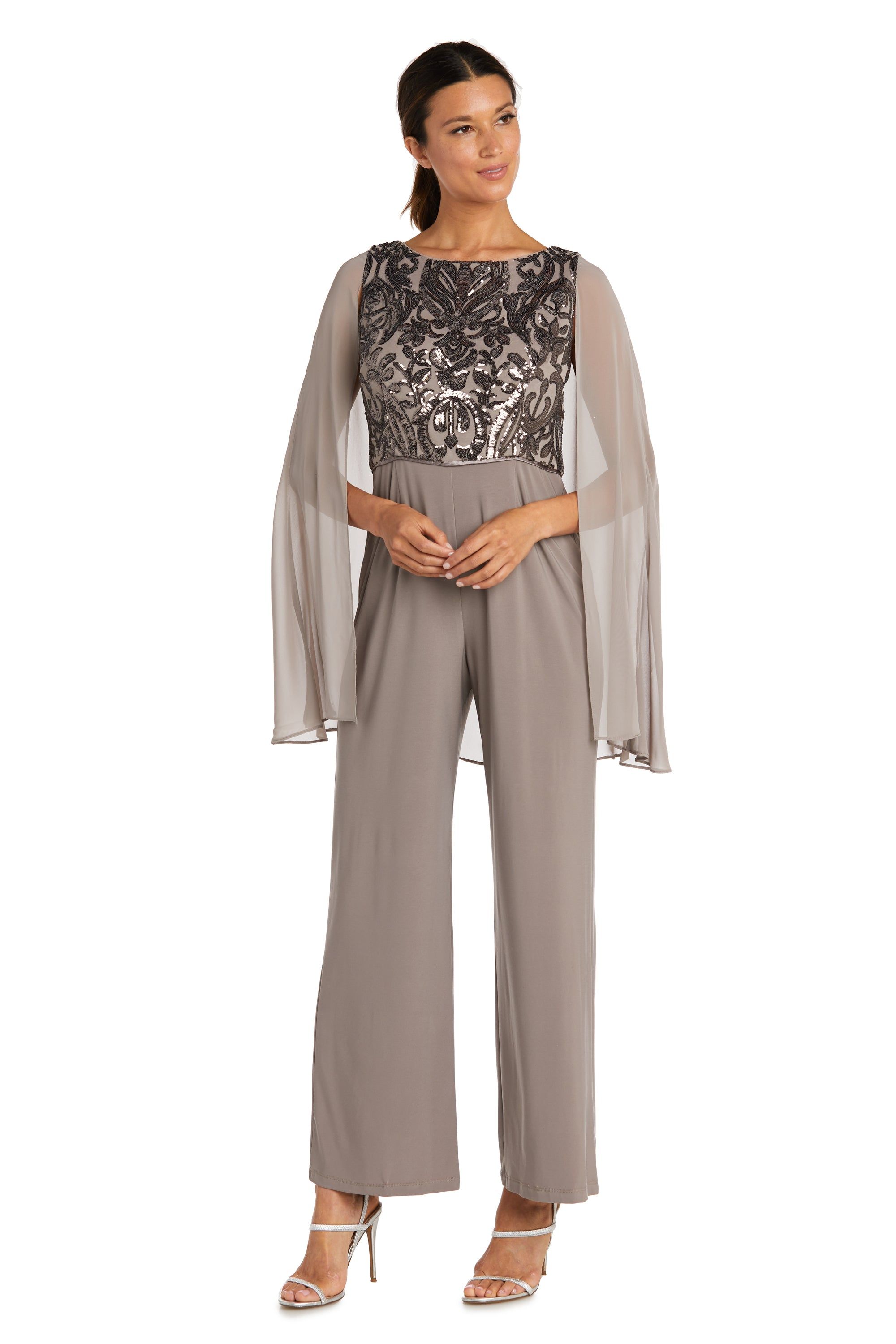Chiffon Capelet Jumpsuit with Sequin Bodice sold by R&M Richards