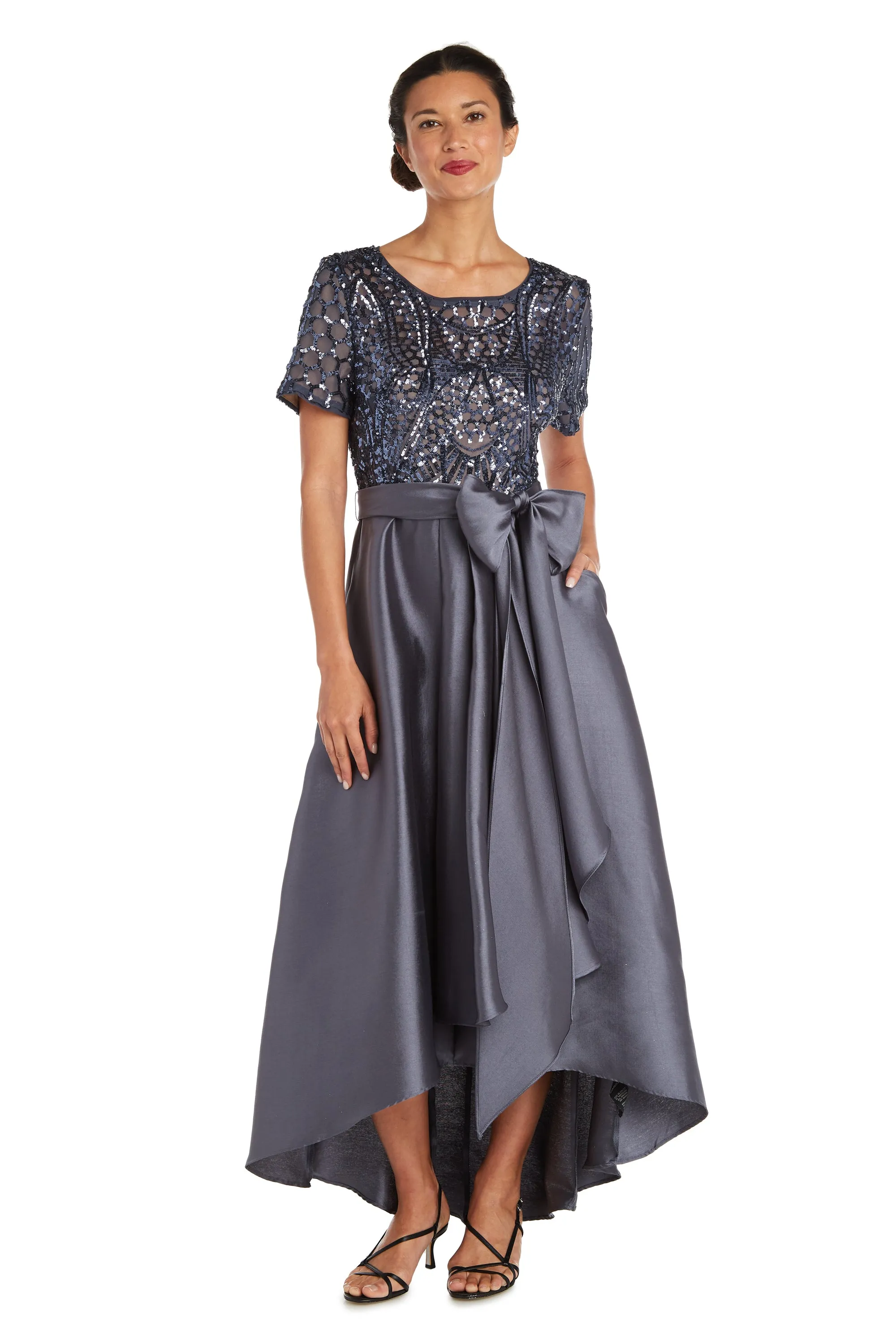 High-Low Satin Skirt, Bow at Waist, and Sequin Top Dress sold by R&M Richards