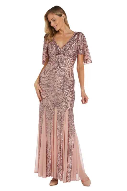 Long Sequin Gown with Flutter Sleeves and Godet Insets sold by R&M Richards