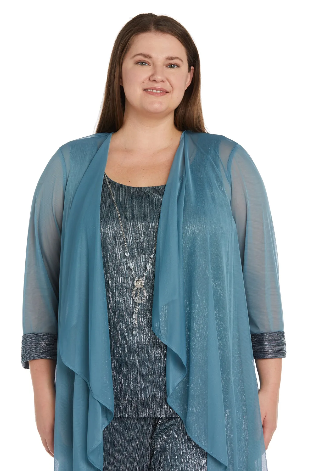 Three Piece Crinkle Pantsuit with A Mesh Chiffon Jacket and Necklace - Plus sold by R&M Richards product image thumbnail 5