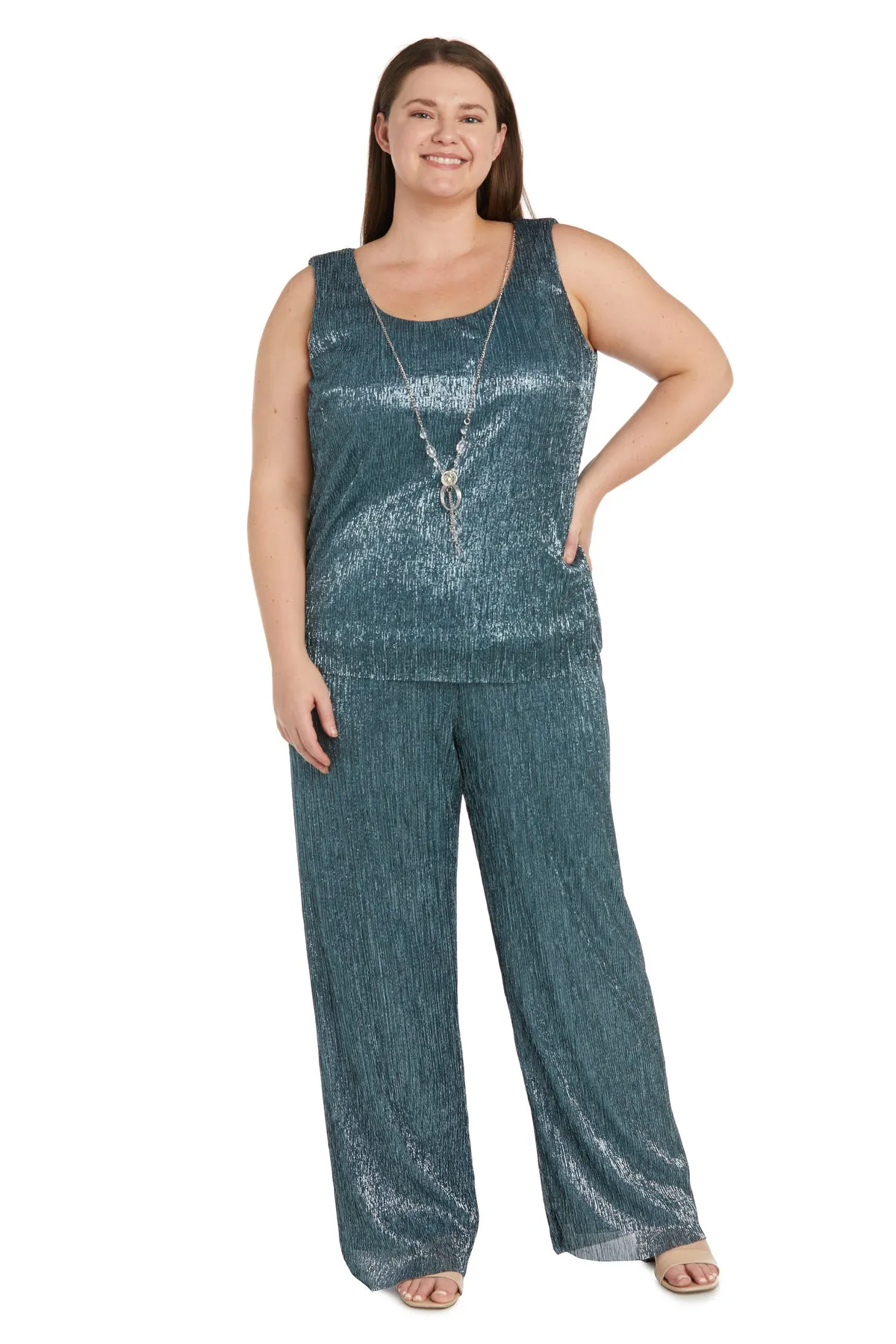 Three Piece Crinkle Pantsuit with A Mesh Chiffon Jacket and Necklace - Plus sold by R&M Richards product image thumbnail 3