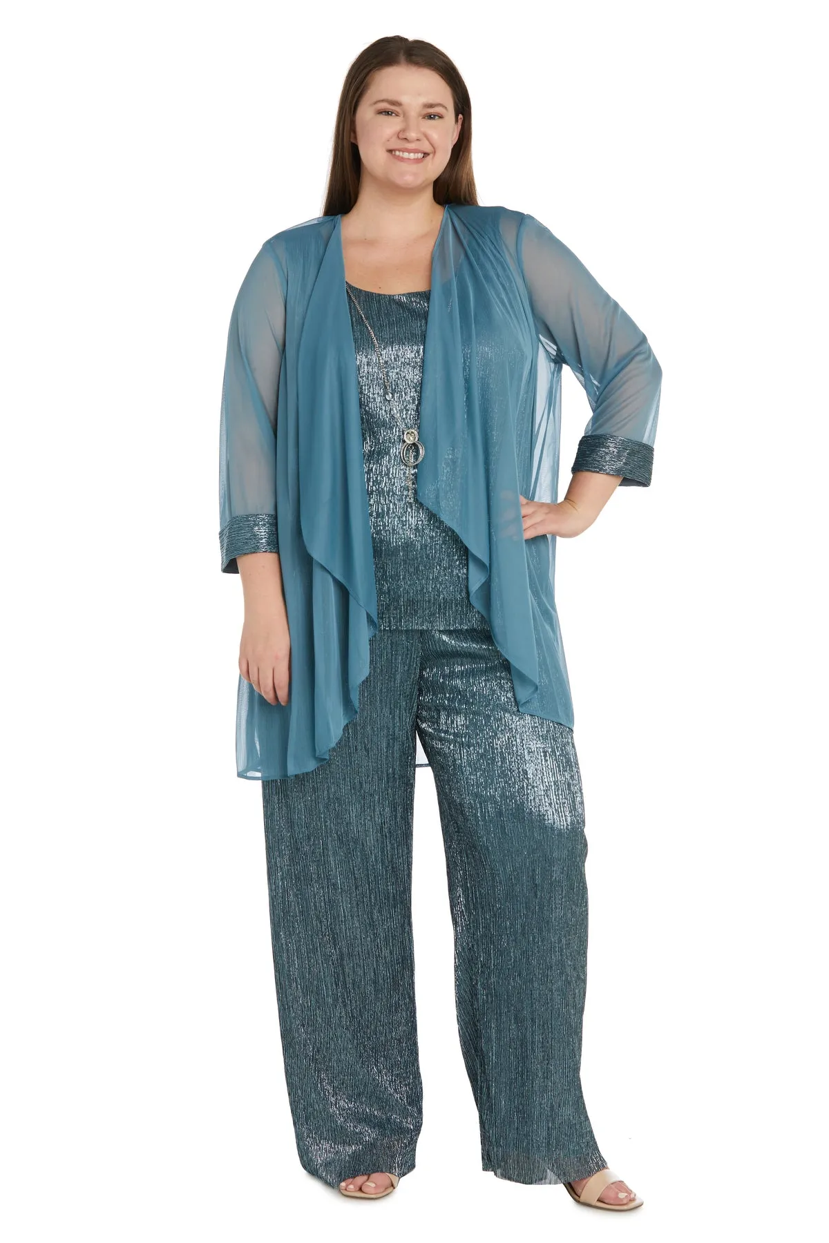 Three Piece Crinkle Pantsuit with A Mesh Chiffon Jacket and Necklace - Plus sold by R&M Richards