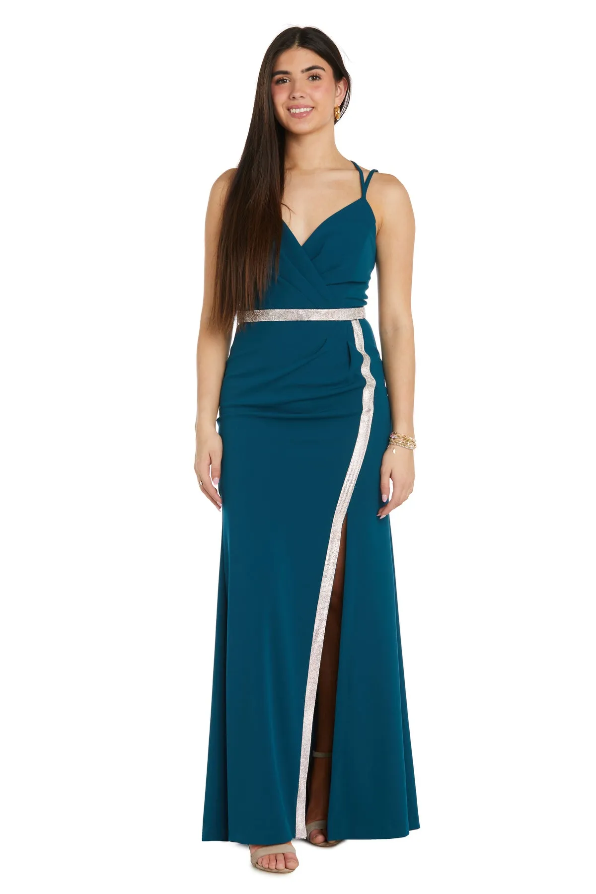 Long Evening Gown With High Slit and Rhinestone Waistband sold by R&M Richards