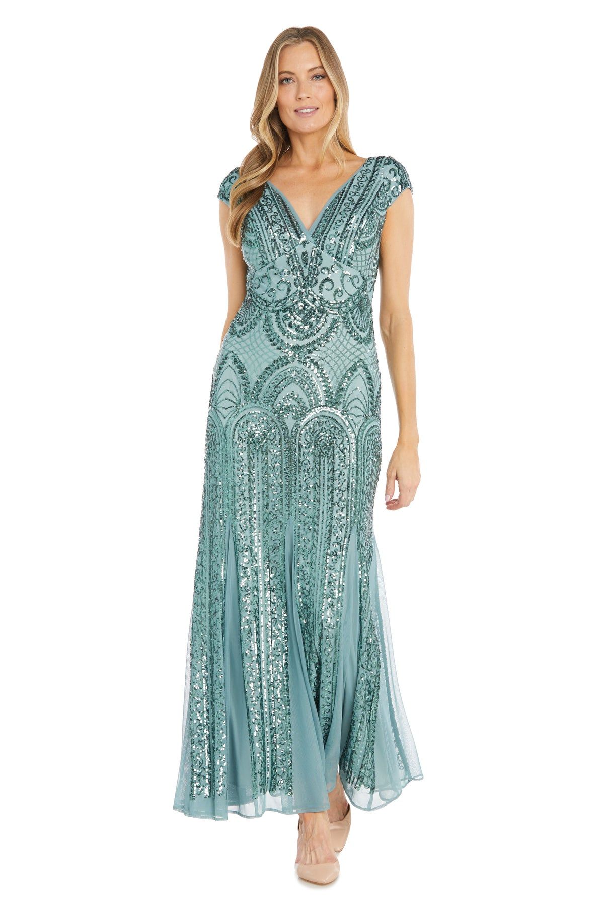 Long Beaded Dress with Cap Sleeves sold by R&M Richards
