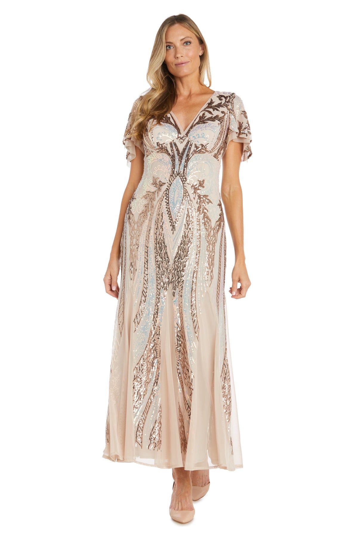 Flowy Sequin Gown with Elegant Flutter Sleeves sold by R&M Richards